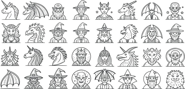 Fantasy Creatures Pixel Art Characters Black and White Retro Style Collection Ideal for Game Development or Design Projects