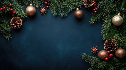 Winter holiday border featuring evergreen branches, pinecones, red berries, and decorative ornaments arranged on textured dark background with copy space for seasonal message