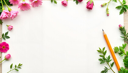 Blank sheet of paper surrounded by flowers and a pencil on a wooden table
