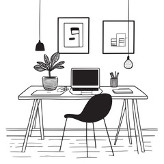 line art illustration of webcam in the corner of a modern room