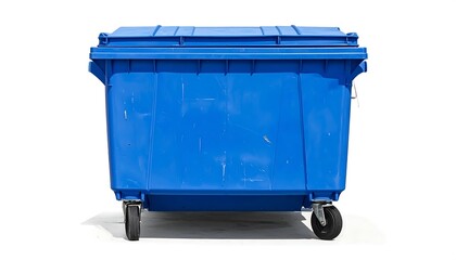 A large, rectangular, blue wheeled refuse container with a hinged lid