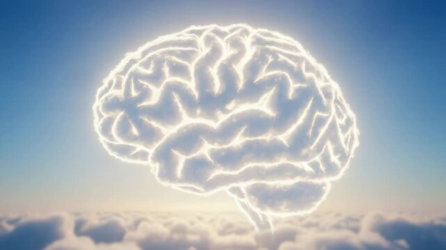 Brain shaped cloud in the sky above sunrise horizon, soft light blue and white tones, concept of imagination, dreaming, and creative thinking