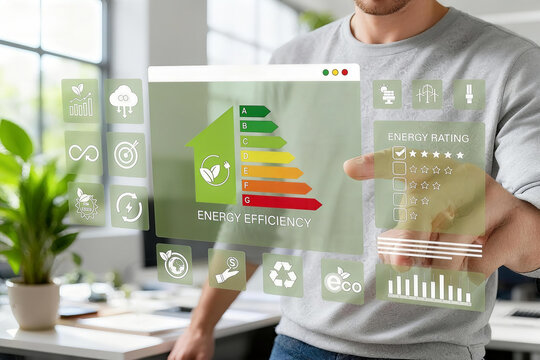 Energy Efficiency Improvement Concept: Businessman Using Laptop for Energy Rating Assessment with Sustainability Icons for Eco-Friendly Housing Development