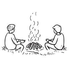 minimal outline vector illustration of friendly gatherings around the campfire