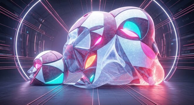 Geometric abstract heads glow in a futuristic tunnel with neon halo