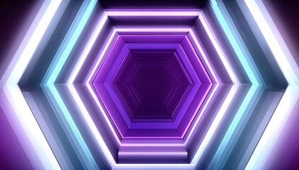 Illuminated hexagonal tunnel with vibrant purple and cyan neon lights reflecting on a dark surface creating a futuristic sci fi ambiance