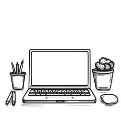 outline sketch vector illustration of laptop in a business environment