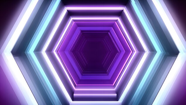Illuminated hexagonal tunnel with vibrant purple and cyan neon lights reflecting on a dark surface creating a futuristic sci fi ambiance