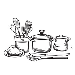 outline vector illustration of cooking utensils for outdoor meals