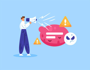 The concept of negative comments and hate. Criticism, feedback, customer response, dissatisfaction and discontent. Illustration of a man giving a negative comment or making an unkind remark. Flat 