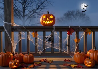 Halloween Night Porch Scene with Pumpkins and Decorations.