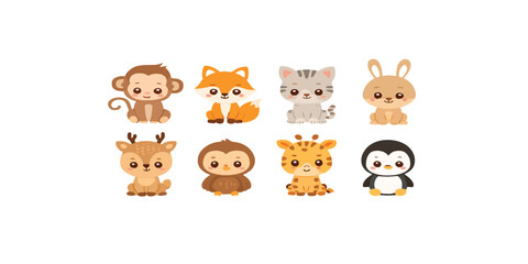 Fototapeta premium Print Cute baby animal cartoon set vector style