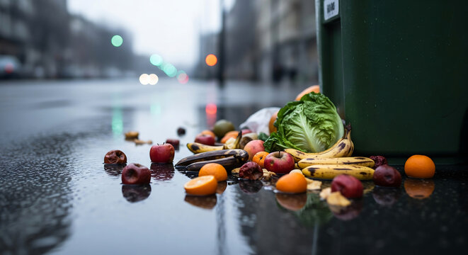 Pile of Spoiled Food and Wasted Produce on Damp Urban Street Symbolizing Consumerism and Environmental Neglect