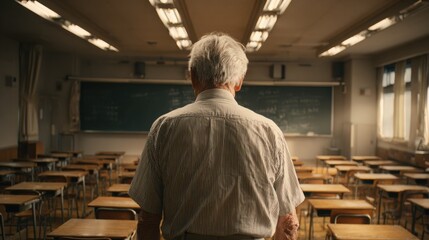 Old Teacher in Empty Classroom