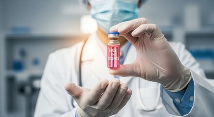 Doctor In White Lab Coat And Gloves Holds Vaccine Vial In A Medical Laboratory