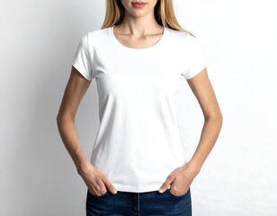 Obraz premium A person, styled from the chest up, models a plain white t-shirt with a slight curve. Their hands are in their pockets