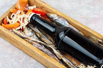 Beer and assorted dried fish