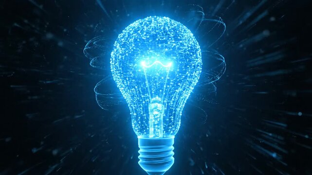 Abstract Blue Light Bulb Idea Formation With Digital Network Background And Glowing Particles