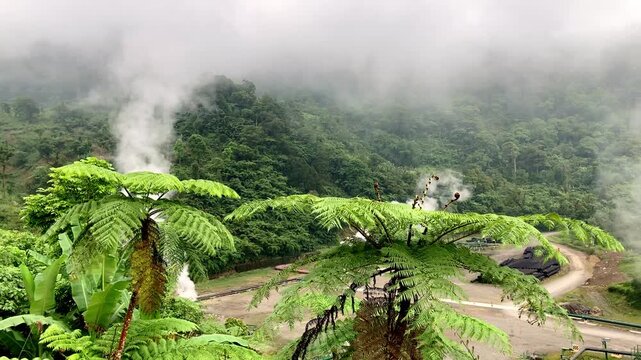 High in the mountains, a geothermal plant for the generation of renewable electricity that is environmentally friendly for nature