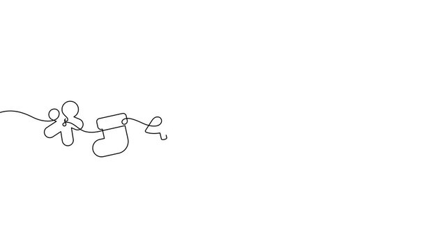 christmas cute ornament one line drawing continuous decoration 4K animation motion graphic. gingerbread man sock pinaceae and candy cane icon symbol element minimalist art thin line illustration