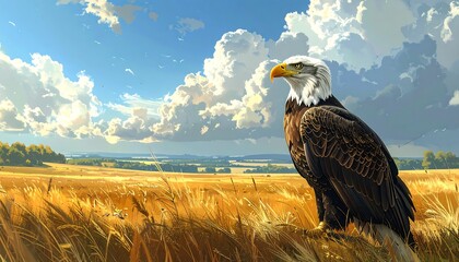 Digital painting Bald eagle perched amidst golden wheat field with a blue sky full of fluffy clouds