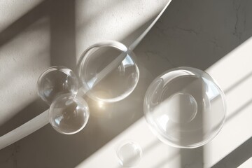 Abstract floating transparent spheres illuminated by soft light, evoking modern elegance and creativity.