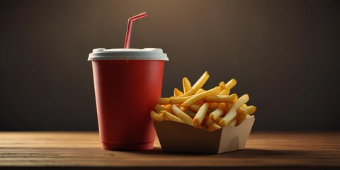 Red soda cup with straw and french fries in a cardboard container on a wooden table