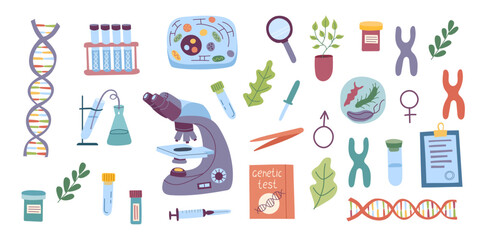 Colorful flat illustration set of genetic and biological science elements isolated on white background. Vector flat cliparts.