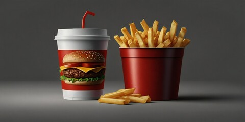 Classic fast food meal with burger drink and french fries
