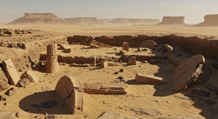 Ancient Desert Ruins: Sun-Drenched Excavation Site with Crumbling Stone Structures and Distant Mesas