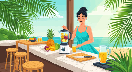 Tropical bliss: Woman preparing fruit smoothie by the seaside paradise, enjoying refreshing vibes
