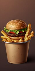 Delicious gourmet burger and crispy french fries in a paper container