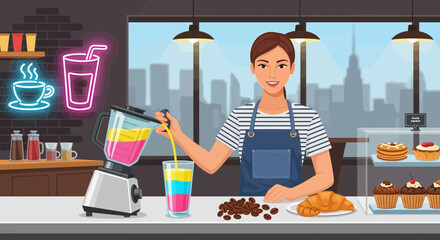 Energetic barista preparing fresh smoothie at vibrant cafe with city view backdrop