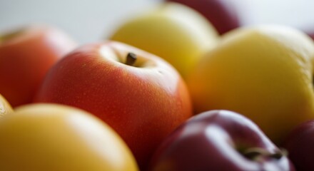 A close-up of colorful apples in a pile.