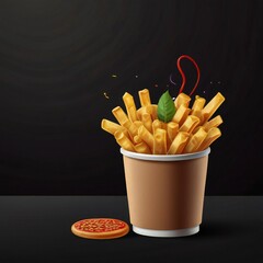 Crispy golden french fries served in a brown paper cup with a garnish of fresh mint leaves