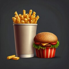 Delicious burger and crispy french fries in a paper cup