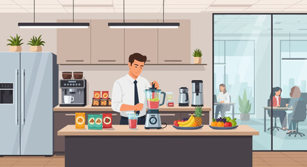 Healthy office break: Man making smoothie in modern workspace kitchen area