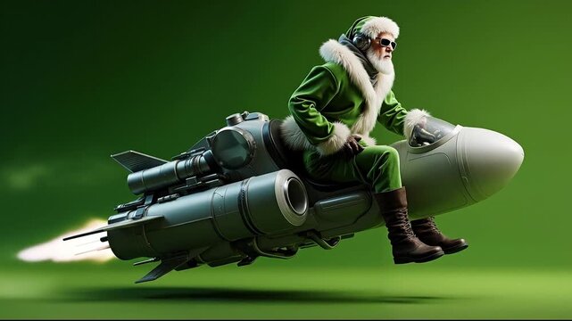 A man in a santa claus outfit riding a jet plane