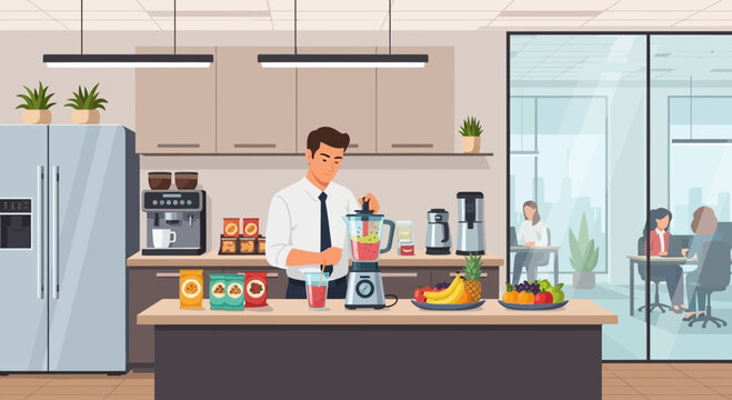 Healthy office break: Man making smoothie in modern workspace kitchen area