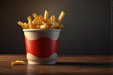 Crispy golden french fries served in a red and white paper cup on a wooden table