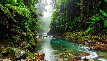 Obraz premium Vibrant Tropical Rainforest River Flowing Over Rocks