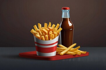 Crispy french fries in a red and white container with a bottle of ketchup