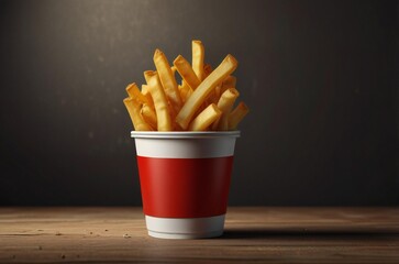 Golden french fries in a red paper cup on a wooden table