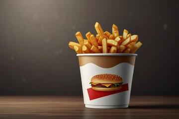 Crispy french fries overflowing from a fast food cup with burger graphic