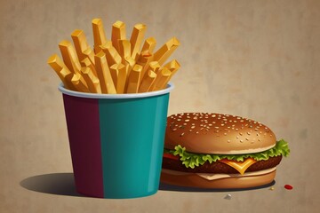 Classic american burger and fries meal in a teal cup