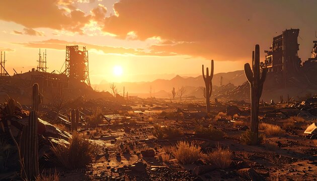 Arid landscape with cacti and dilapidated structures basks in golden sunset light under a cloudy sky