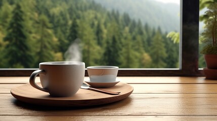 Morning serenity: coffee cups with a forest view evoking relaxation and calm