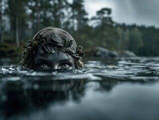 the calm lake water surface and a head of a mermaid emerging from the water