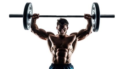 Muscular man lifting barbell overhead in a dark gym with defined abs and bicep muscles visible on transparent background