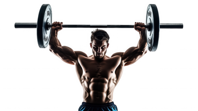 Muscular man lifting barbell overhead in a dark gym with defined abs and bicep muscles visible on transparent background - Powered by Adobe